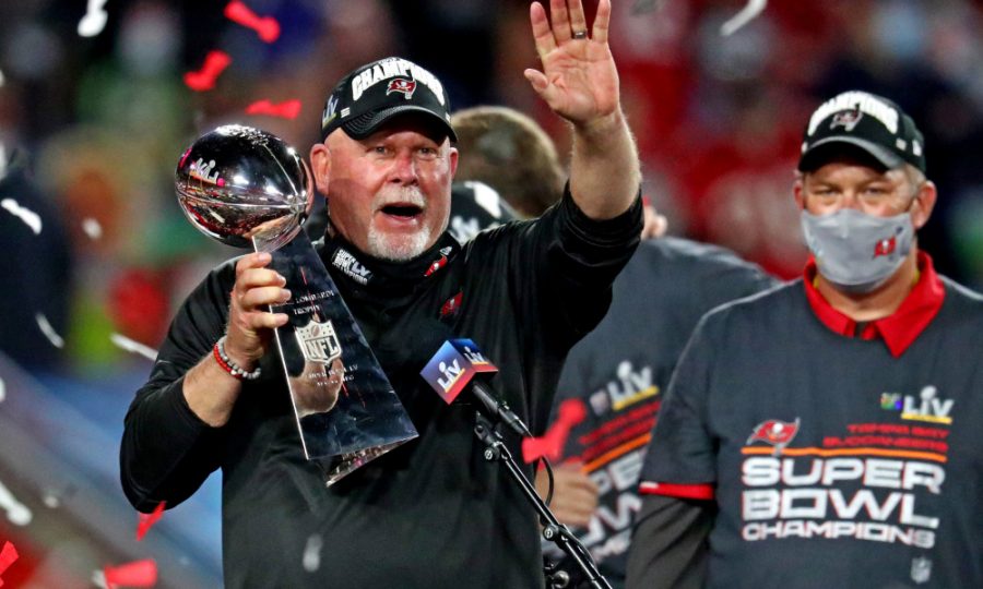 Feb 7, 2021; Tampa, FL, USA;  Tampa Bay Buccaneers head coach Bruce Arians celebrates with the Vince Lombardi Trophy after the Tampa Bay Buccaneers beat the Kansas City Chiefs in Super Bowl LV at Raymond James Stadium.  
Mark J. Rebilas -USA TODAY Sports.