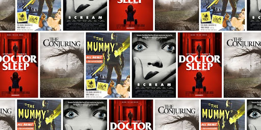 A collection of horror movies including “The Mummy” (1959), “Scream” (1996), “The Conjuring” (2013) and “Doctor Sleep” (2019).