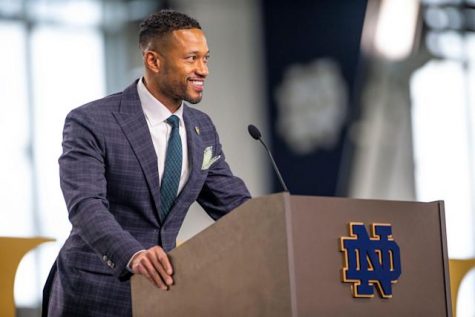 Marcus Freeman at his introduction press conference for Notre Dame