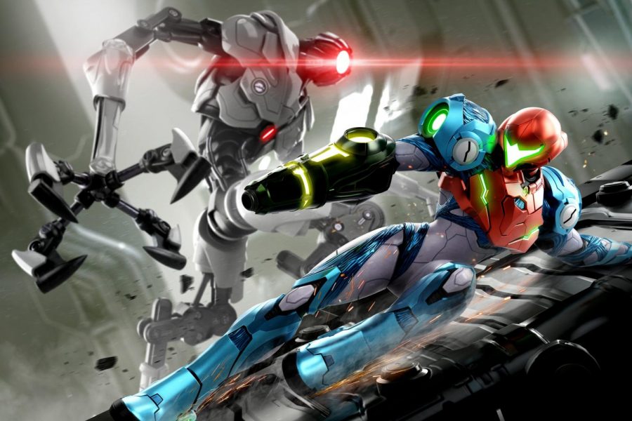 Concept art for Metroid Dread depicting Samus avoiding a hostile EMMI robot.