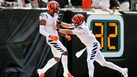 Bengals Jamarr Chase (left) and Joe Burrow (right) celebrate touchdown in Cincinatti