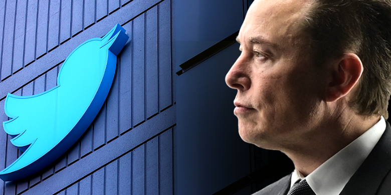 An illustration of Musk in front of his soon to be owned company, Twitter.