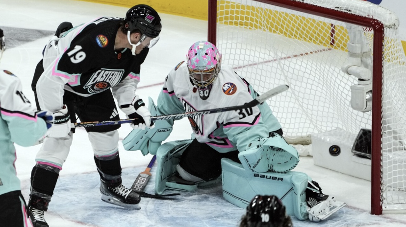 Florida Panthers 2023 NHL All-Star game MVP Mathew Tkachuk scores a backhanded goal on New York Islanders Goaltender Ilya Sorokin.
