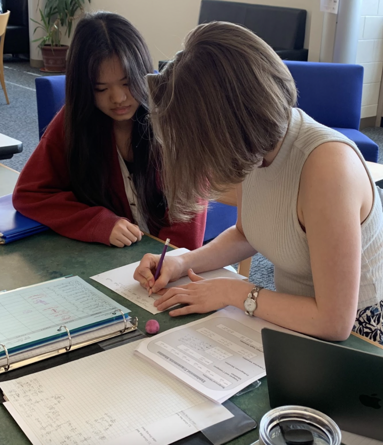 Junior Caitlin Grimm (left) helps junior Alysia Ward (right) with homework from Honors Trigonometry and Precalculus through the peer tutoring program at Central York High School.
