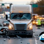 Police lights at a highway crash scene involving a commercial truck