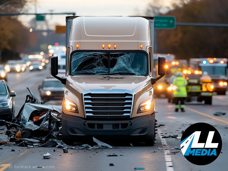 Police lights at a highway crash scene involving a commercial truck