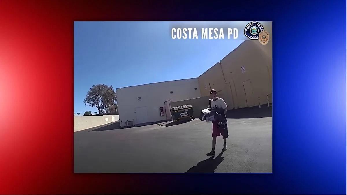 Costa Mesa police vehicle outside a Harbor Boulevard store during a theft and stolen-car arrest